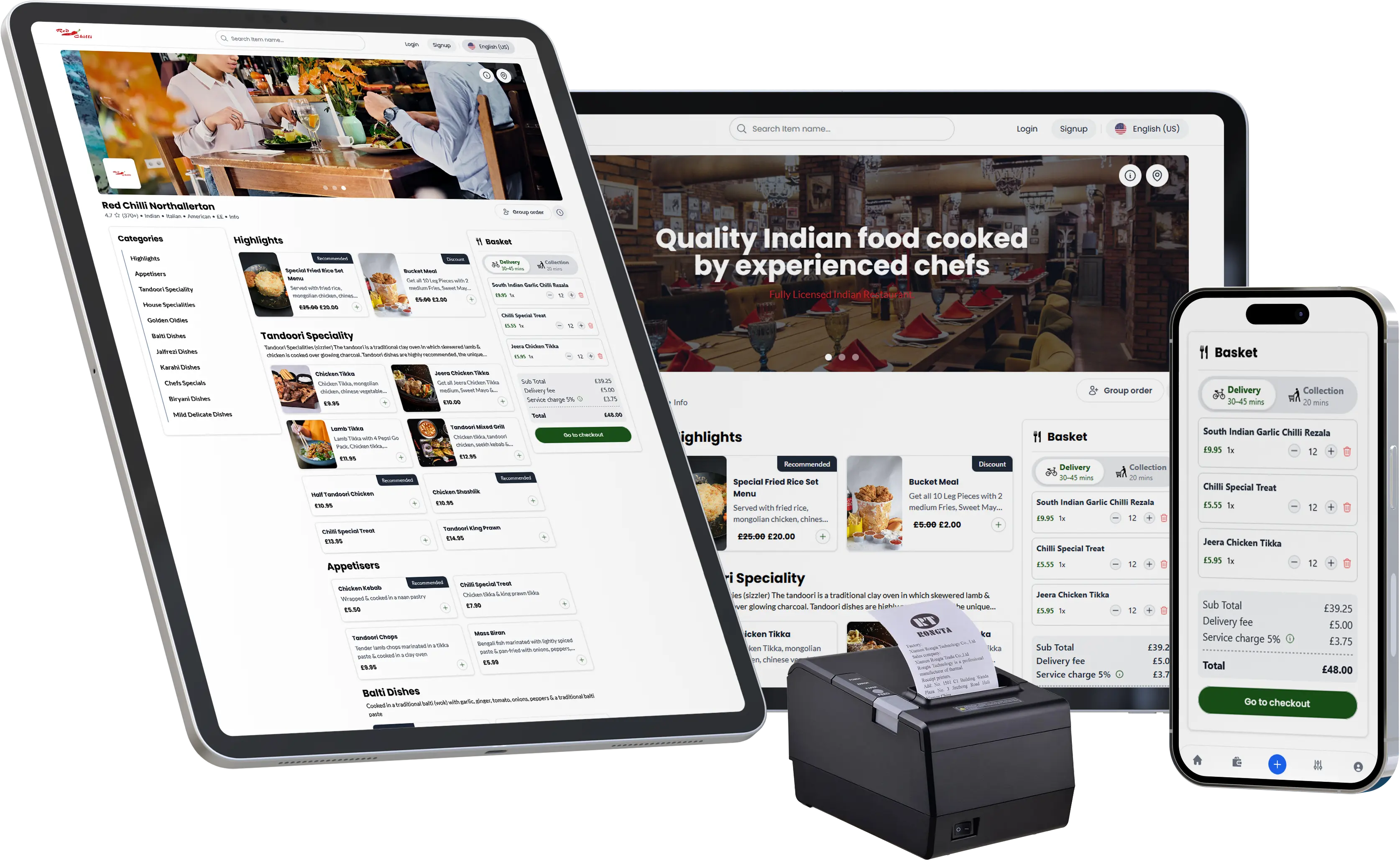 White-label online ordering platform on desktop, tablet, mobile app and EPOS printer